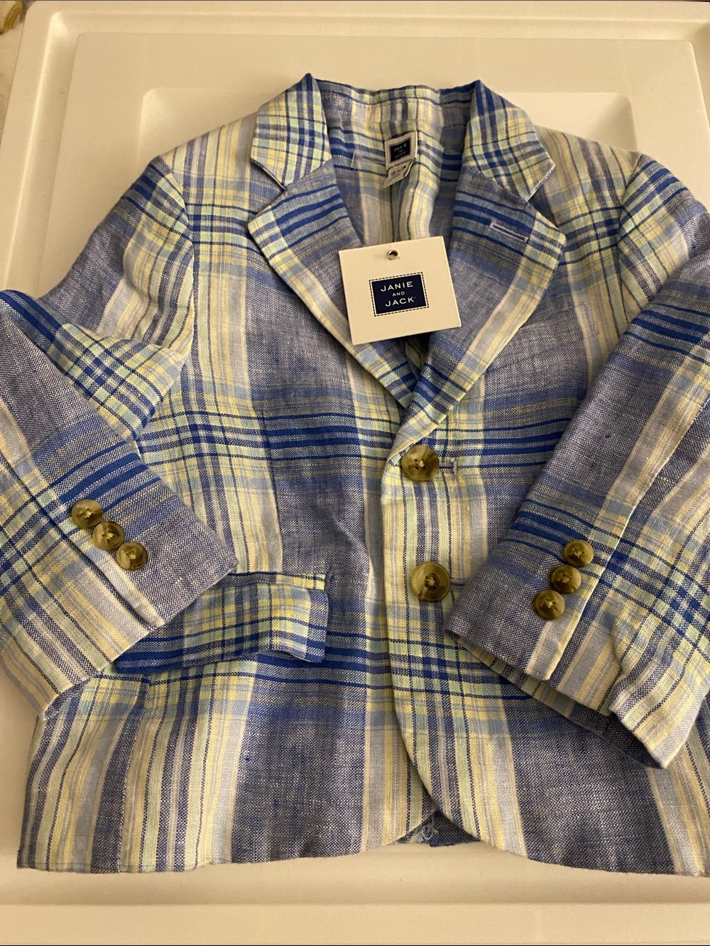 Janie and Jack Boys Plaid Linen Blazer in Blue and Yellow **NWT**
